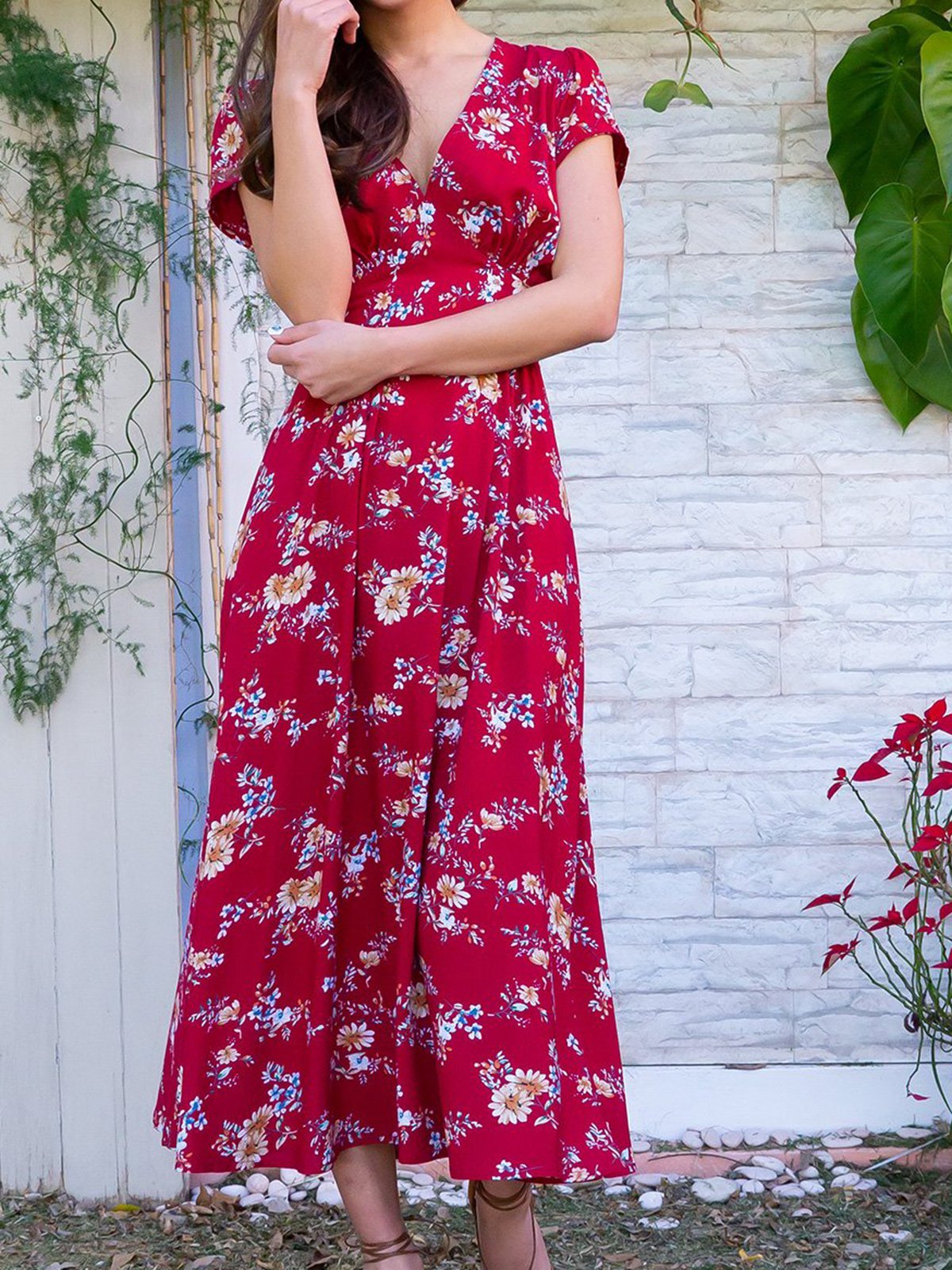 Floral Short Sleeve Floral-Print V Neck Dresses