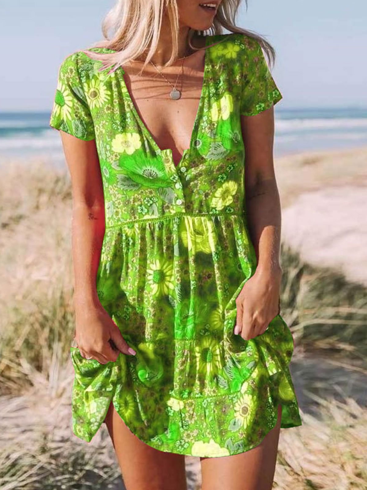 Buttoned Short Sleeve Floral Cotton-Blend Dresses