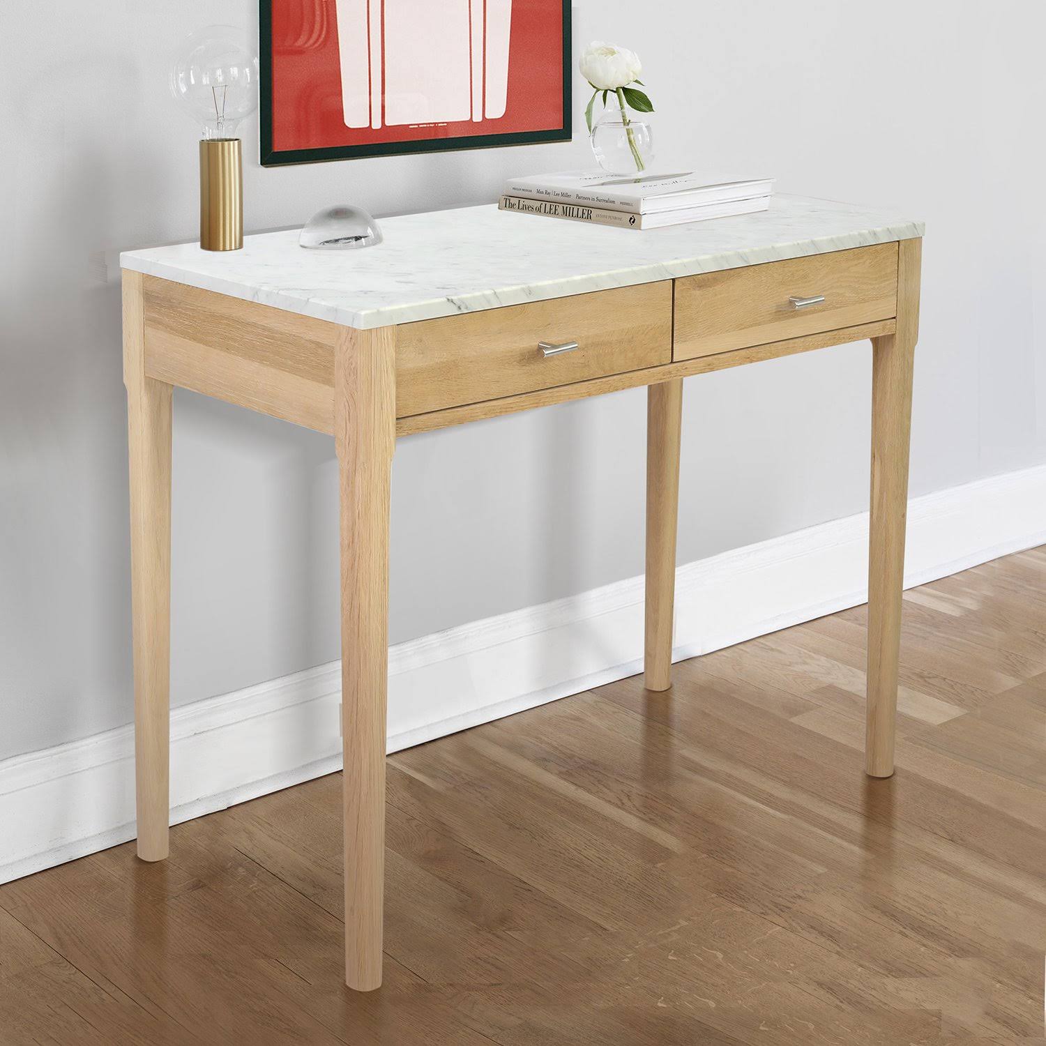 Meno 36x22 Rectangular Italian Carrara White Marble Console Table with Legs - Oak