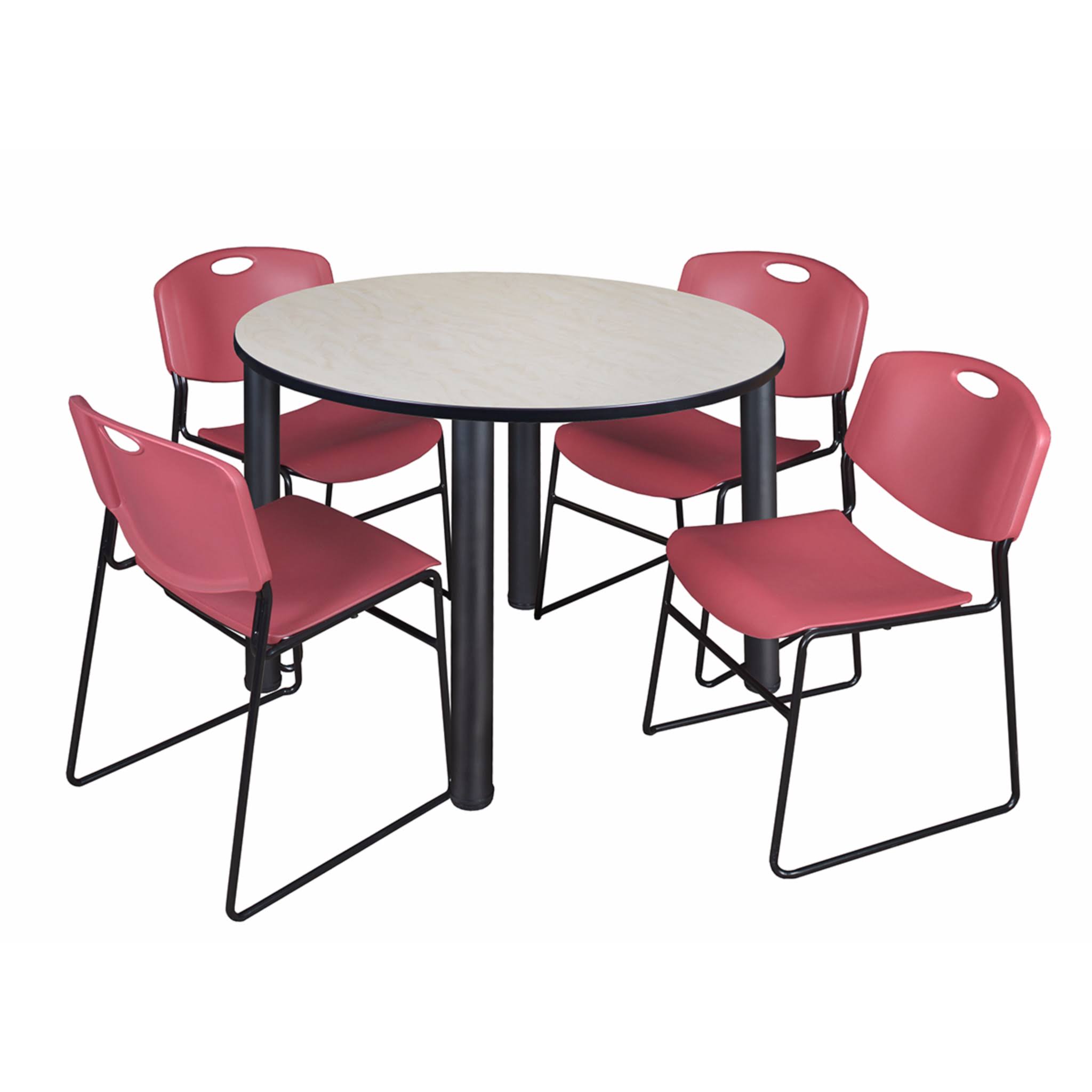 Regency Kee 48x22 Round Breakroom Table- Maple/ Black 4 Zeng Stack Chairs- Black