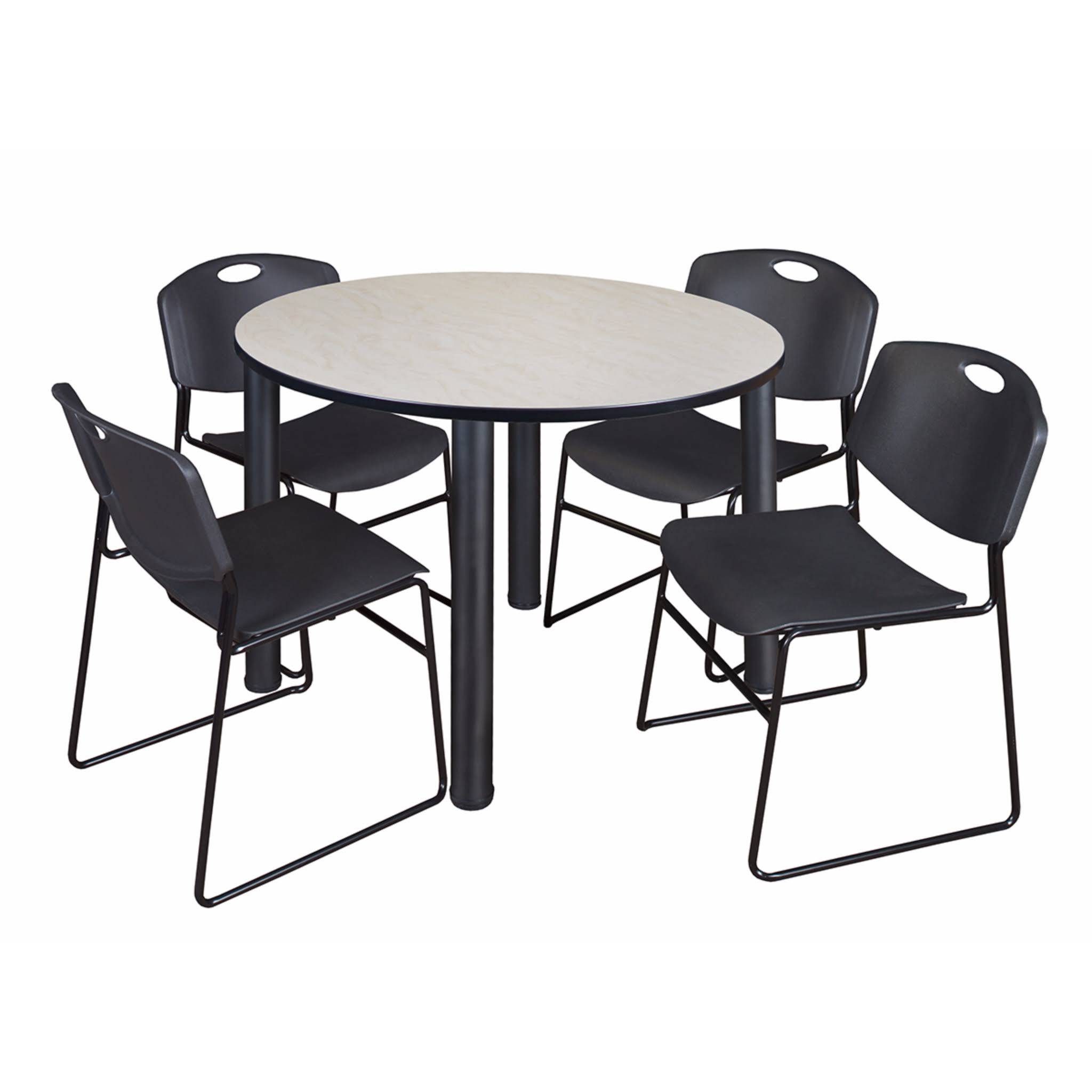 Regency Kee 48x22 Round Breakroom Table- Maple/ Black 4 Zeng Stack Chairs- Black