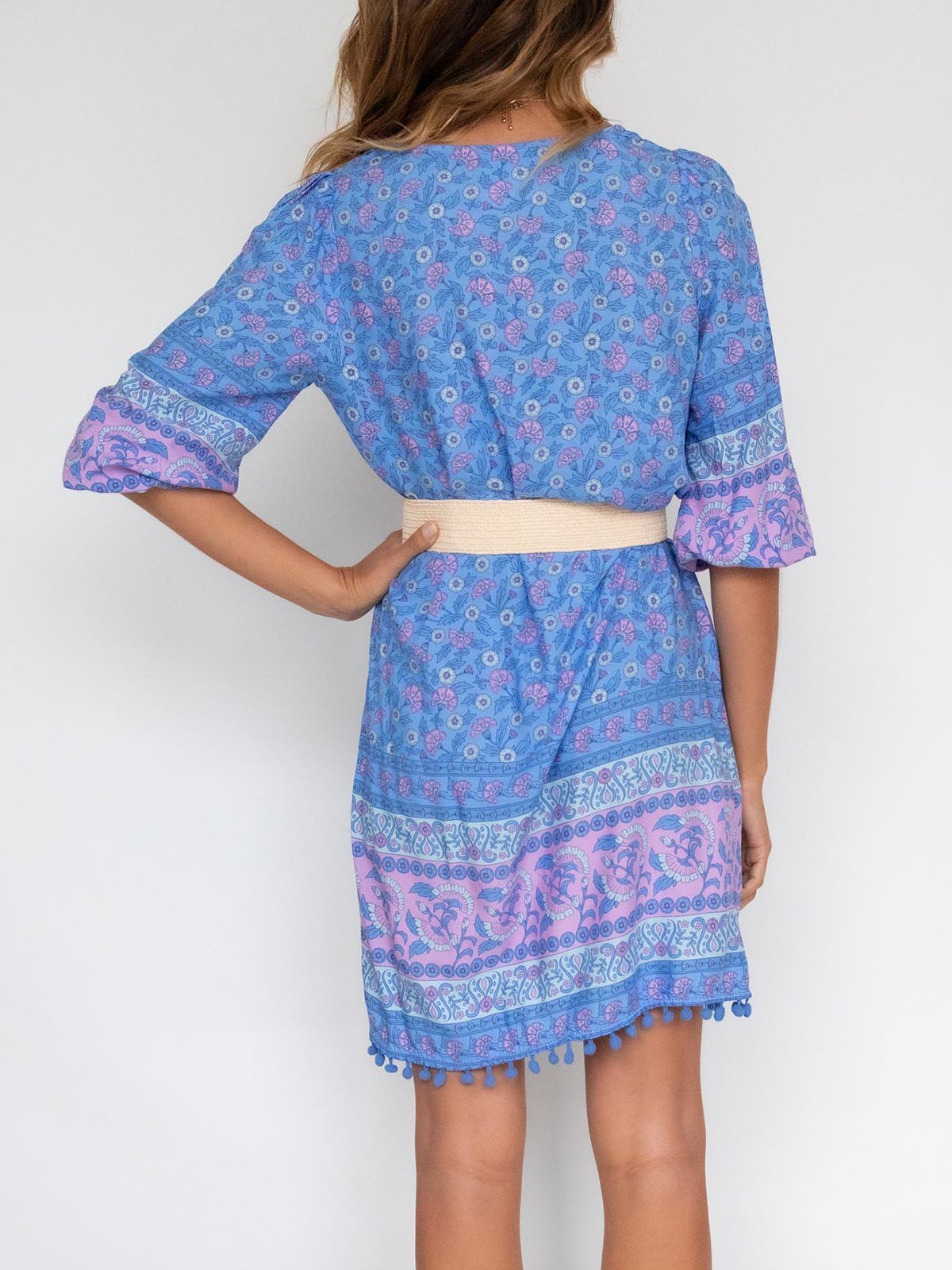 Cotton-Blend Shift Half Sleeve Floral Dresses