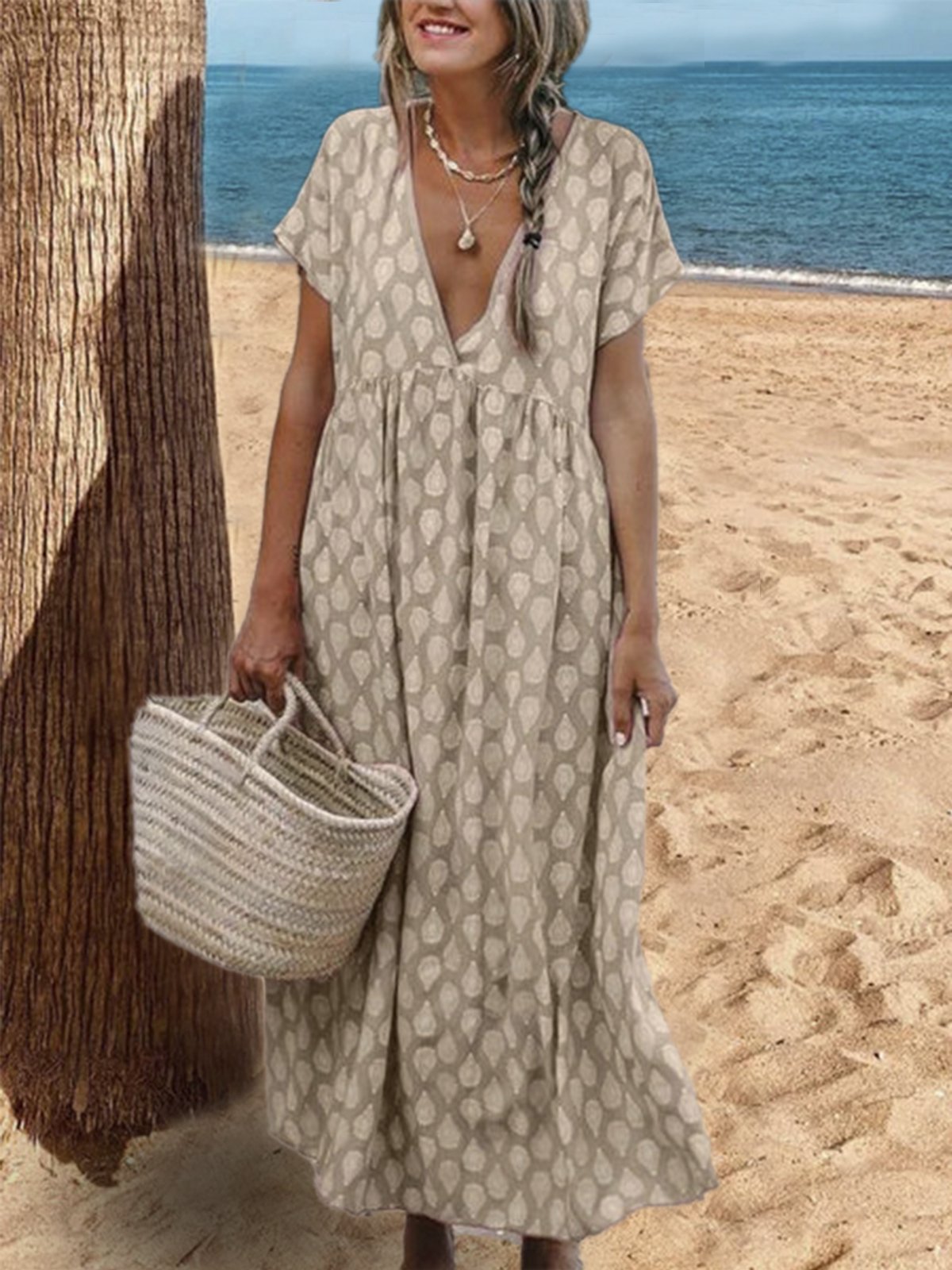 Plus Size Casual V Neck Short Sleeve Printed Dresses