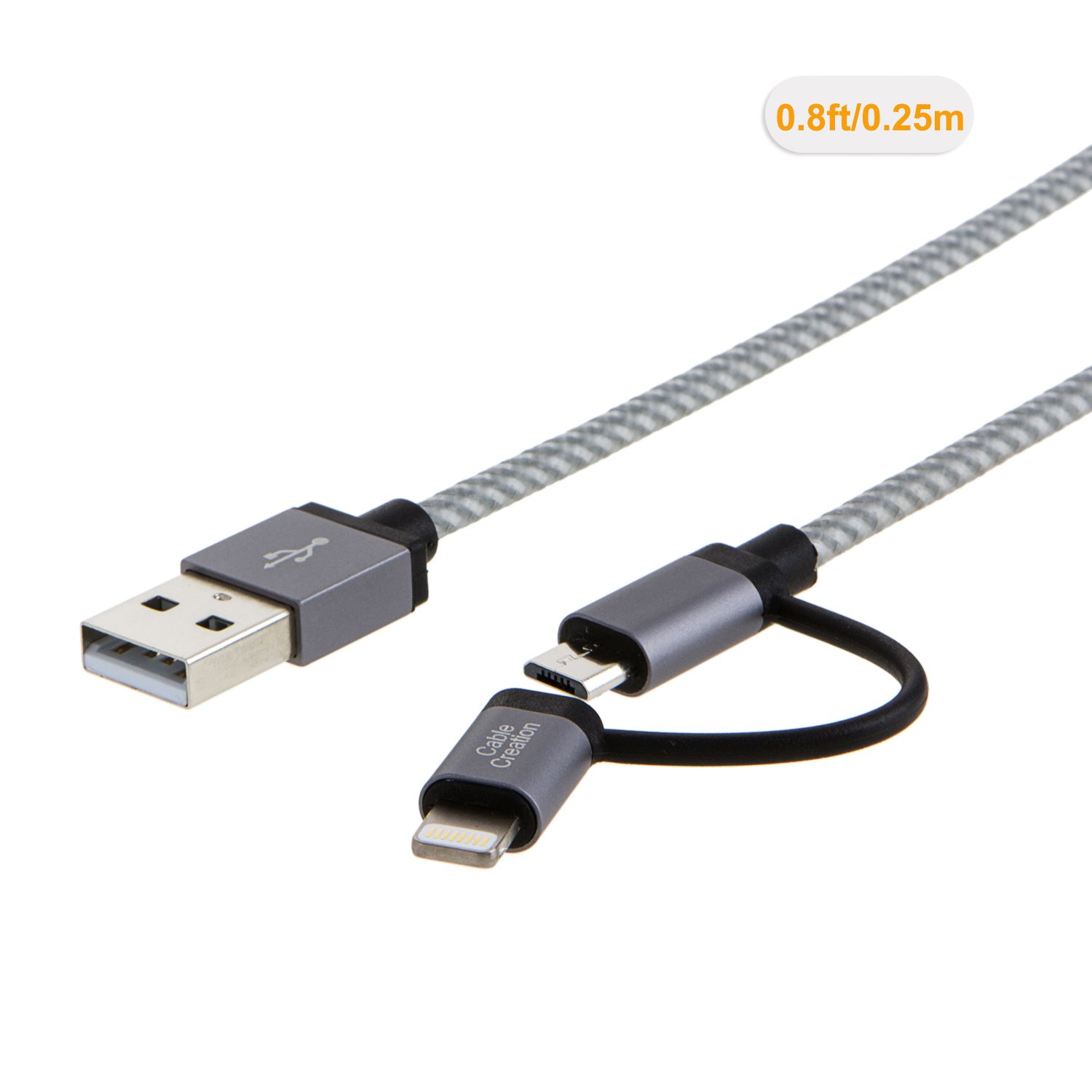 [Apple MFi Certified] CableCreation 2-in-1 Lightning to USB Data Sync Charge Cable, Lightning Micro USB 2-in-1 Cable for iPhone 6 6S 6Plus iPad Air mini Samsung & More,Gray Color,0.25M/0.8FT.