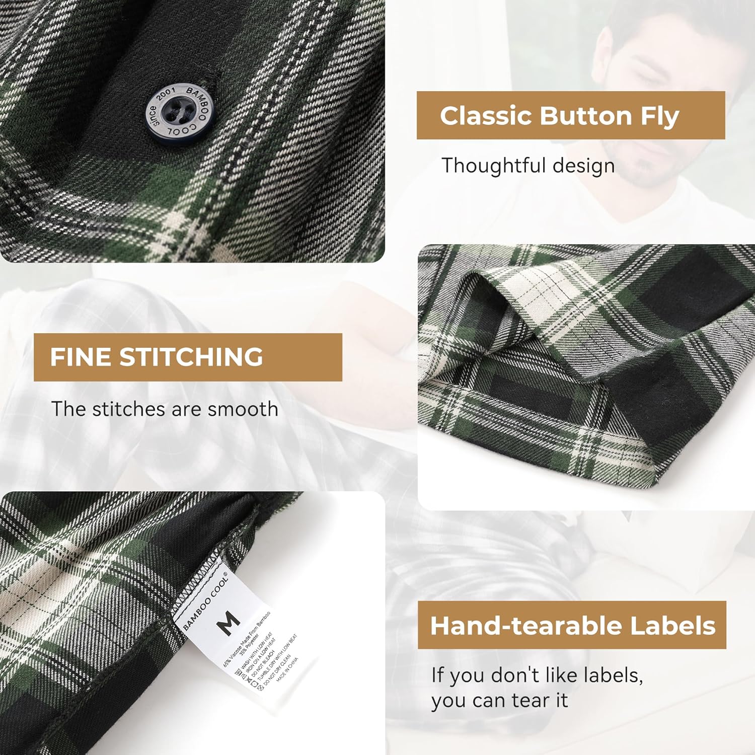 BAMBOO COOL Men's Pajama Bottoms Plaid Pajamas Pants for Men Soft Long Lounge Woven Pj Sleep Pant with Pockets