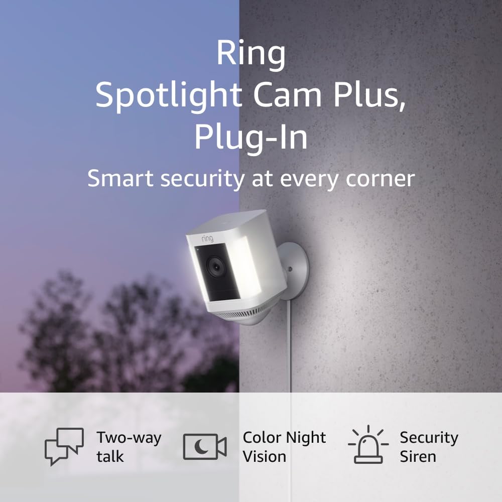 Ring Spotlight Cam Plus, Battery | Two-Way Talk, Color Night Vision, and Security Siren (2022 release) - White